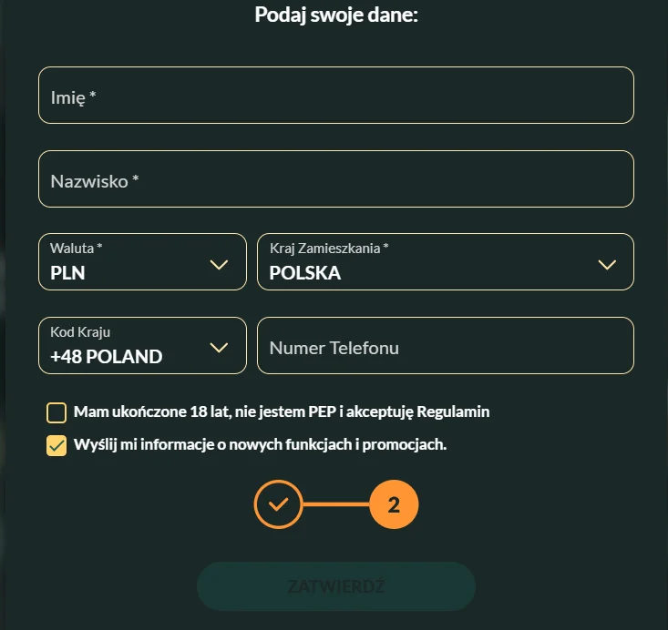 Uzupełnianie danych osobowych w profilu gracza